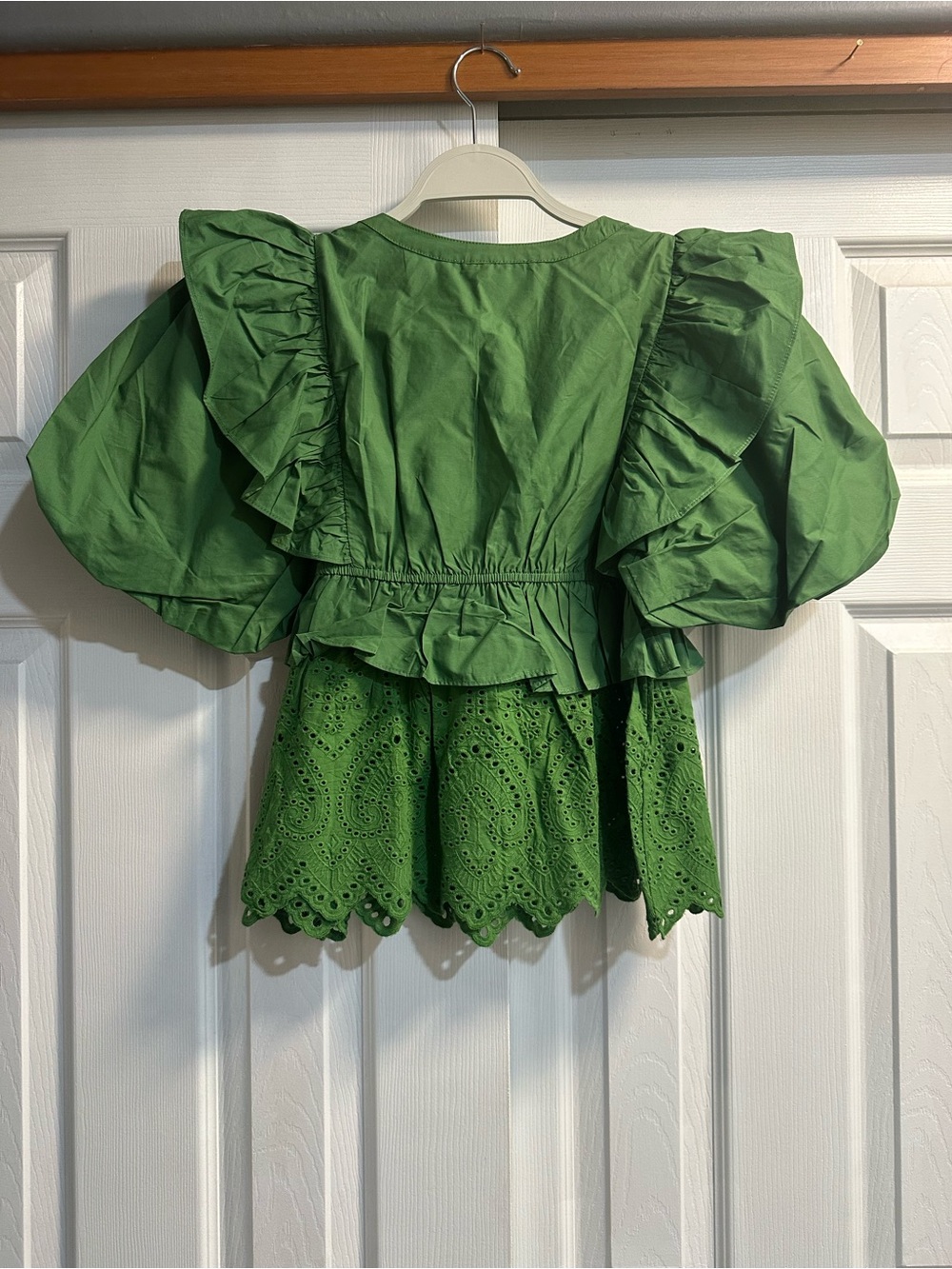 Hyacinth House Green Eyelet Peplum Puff-Sleeve Blouse - Picture 2 of 5